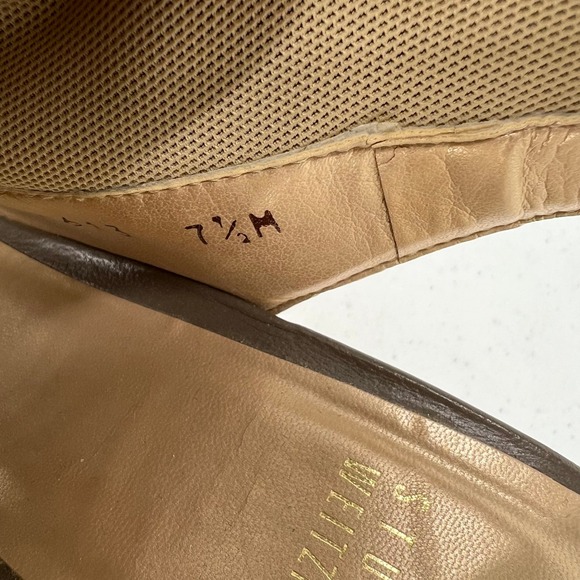 Stuart Weitzman Glove Tan Stretch Wedge Sandals 7.5 Classic Minimalist Peep Toe - Picture 4 of 9